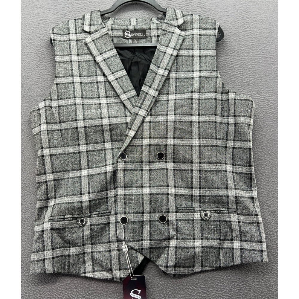 Silver Silk Vest Men's Large Grey Plaid Double Breasted Notch Lapel Metallic NWT